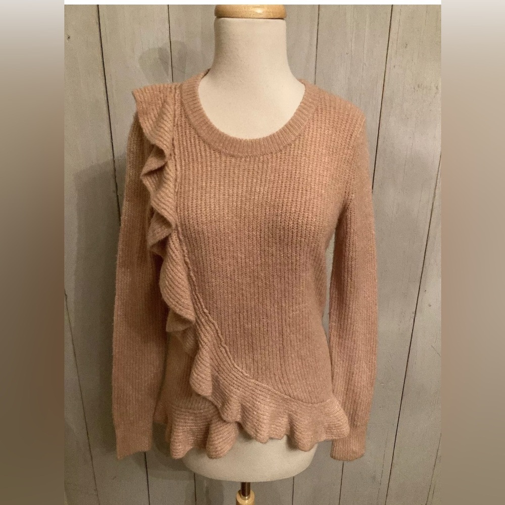 KAARI blue women’s curvy ruffle long sleeve Pink sweater Super soft Sz-small NWT